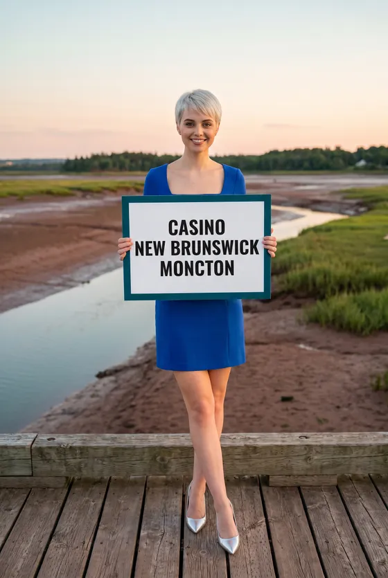 Image générée : le personnage du site, une jeune femme aux cheveux platine coupés en pixie, vêtue d'une minirobe bleu cobalt, se tient sur une promenade de bois au bord d'une rivière à marées, à marée basse, au crépuscule. Elle tient un tableau blanc où l'on lit Casino Nouveau-Brunswick, Moncton.